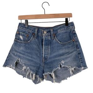 Levi’s | high waist button fly destroyed cut off denim shorts